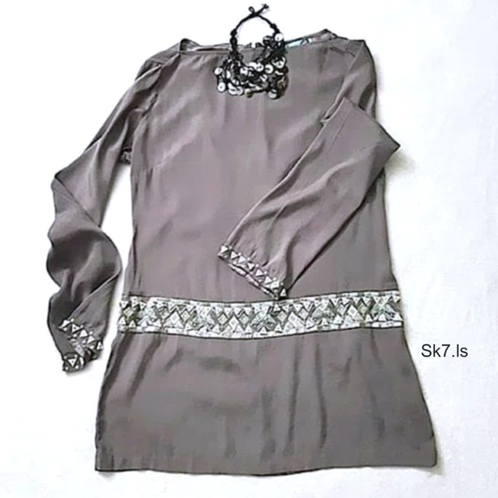 GUESS by MARCIANO Silk Blend Grey Dress Tunic Embroidered MOP WhiteButton Sequin